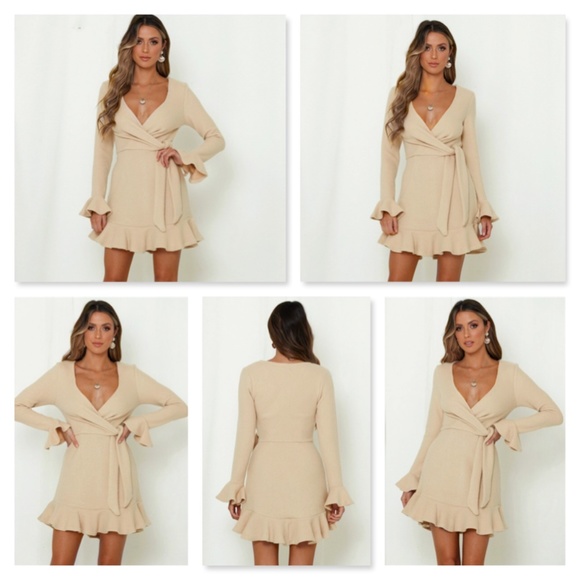 Rib-Knit Beige Ruffle Detail Waist Ties Mini Dress - Picture 5 of 8